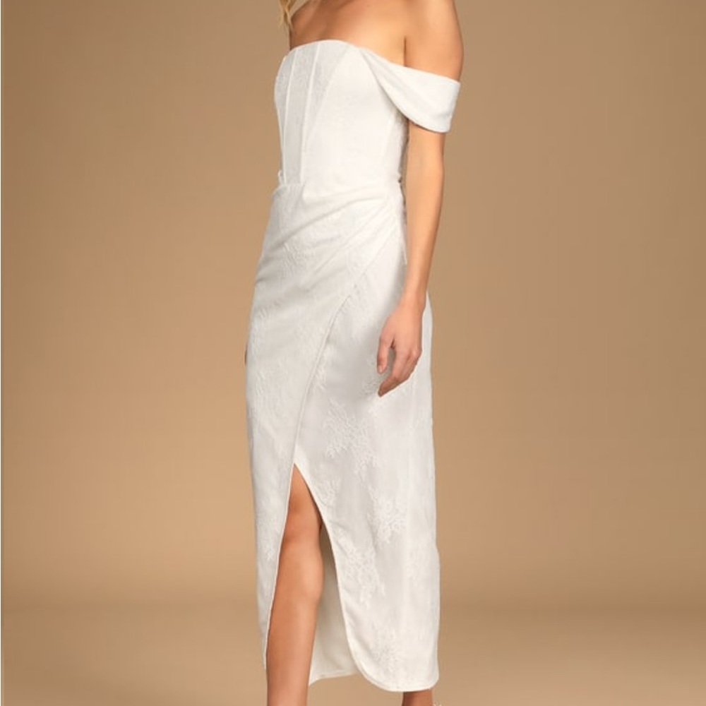NEW WHITE LULUS OFF SHOULDER LACE FAUX WRAP MINI DRESS
